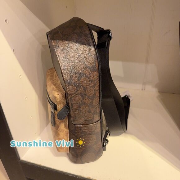 NWT Coach Men's West Pack In Blocked Signature Canvas CAB60 Walnut /Tan - Picture 2 of 9